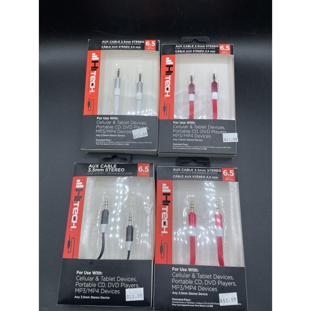 Lot of 4 HiTech 6.5ft AUX Cable 3.5mm Stereo, DVD, CD, MP3/MP4 New Sealed